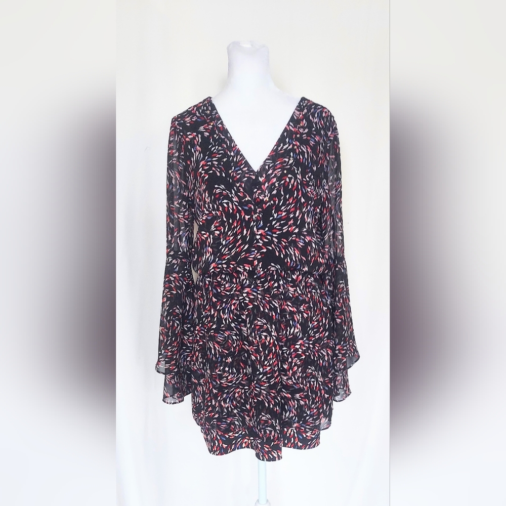 White House Black Market Smocked Waist Bell Sleeve Dress Black Multicolor Size 2